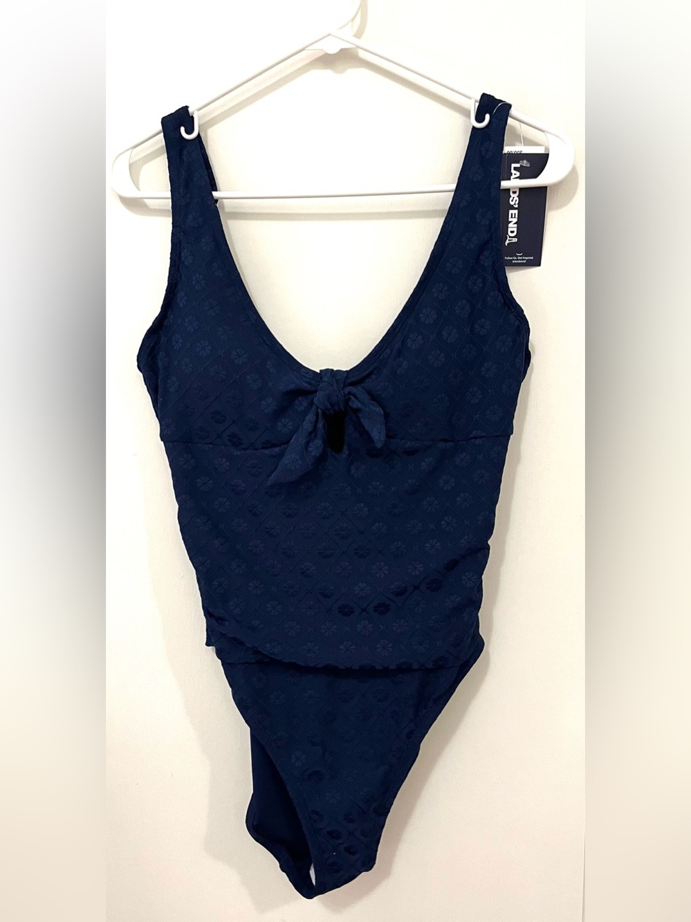 NWT Lands’ End Navy Textured Tie Front One Piece Swimsuit 14 Petite LP